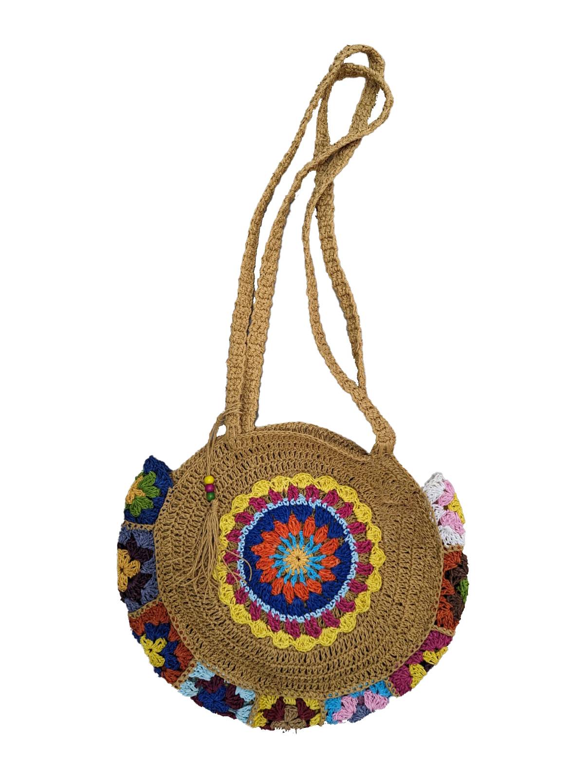 Handcrafted multi-colored crochet tote bag sample